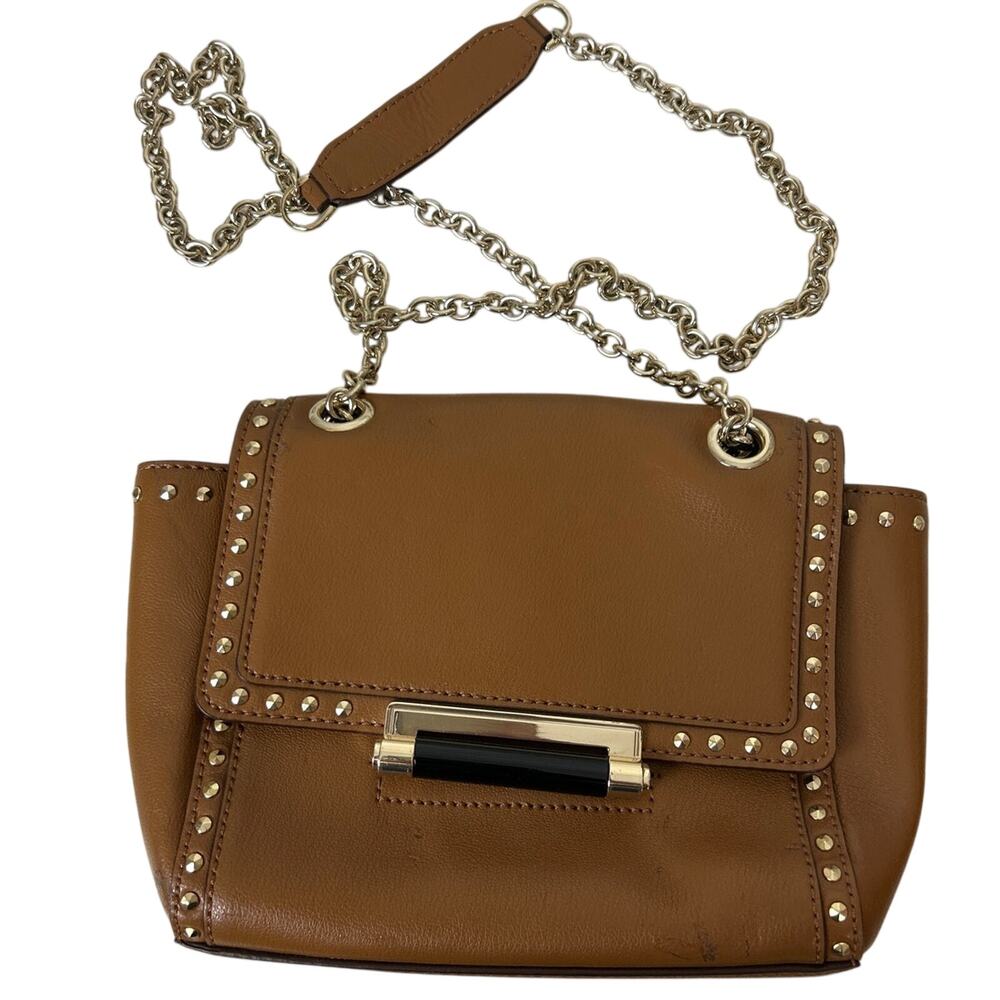 Diane Von Furstenberg 440 Studded Flap Crossbody Bag Tan Brown Gold Designer